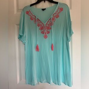 Torrid Size 2 Aqua Blue Embroidered Boho Tunic Top - Pink Tassels